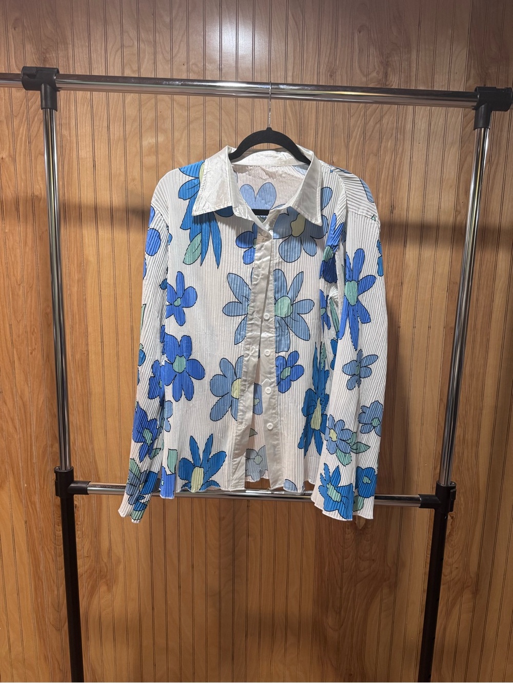 White Button-Down Shirt with Blue Floral Print